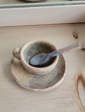 Vintage Gold Yellow Glazes Clay Cup Saucer Spoon Set